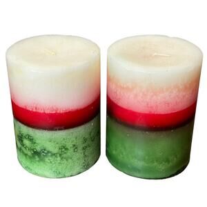 Pier 1 Holiday Candles Pair Pillar Striped Green White Red Evergreen Christmas